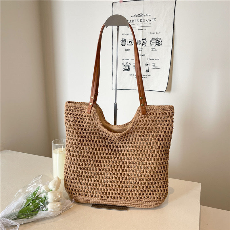 Coraline Woven Tote in Tan — open-weave with leather handles