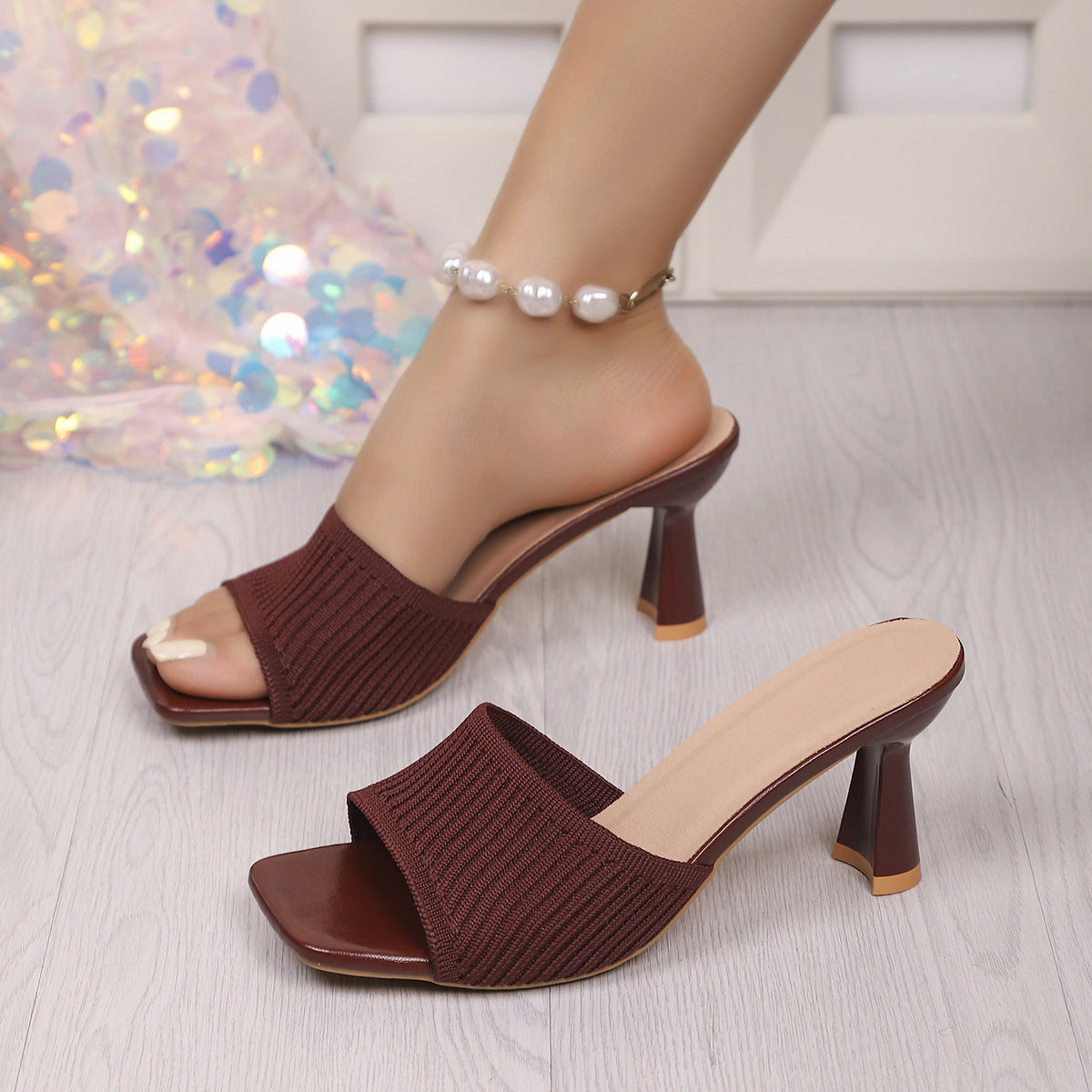 Helena Knit Heels in Burgundy — stretchy knit with sculpted mid-heel